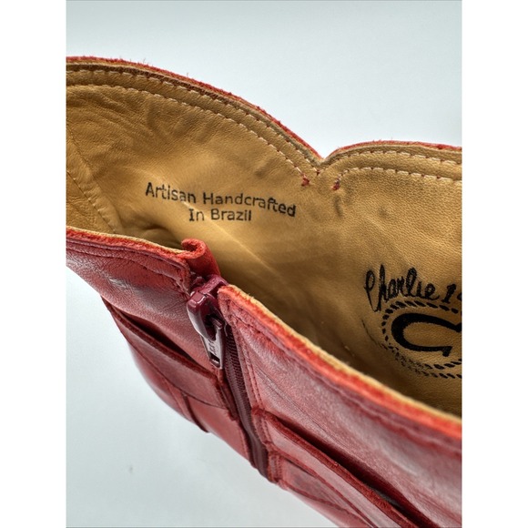 Women's Lucchese Charlie 1 Horse Red Ankle Boots Snip Toe Cowboy Zip Sz 9b - Picture 7 of 10